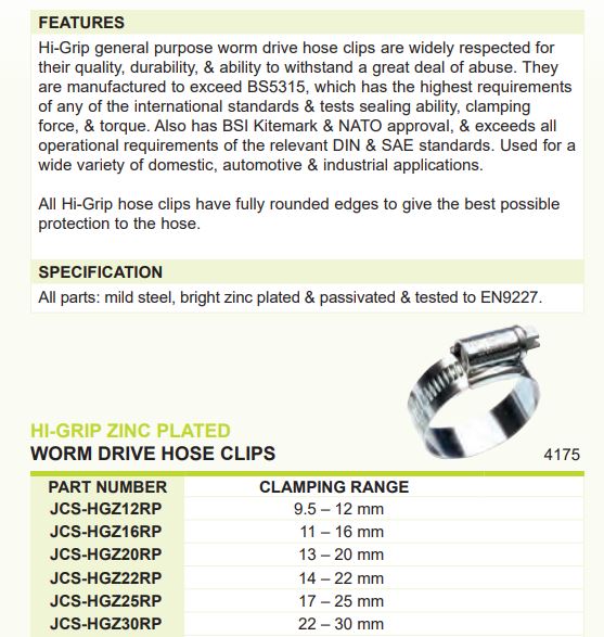 JCS-HGZ22RP JCS HI-GRIP ZINC PLATED WORM DRIVE HOSE CLIP 14MM - 22MM