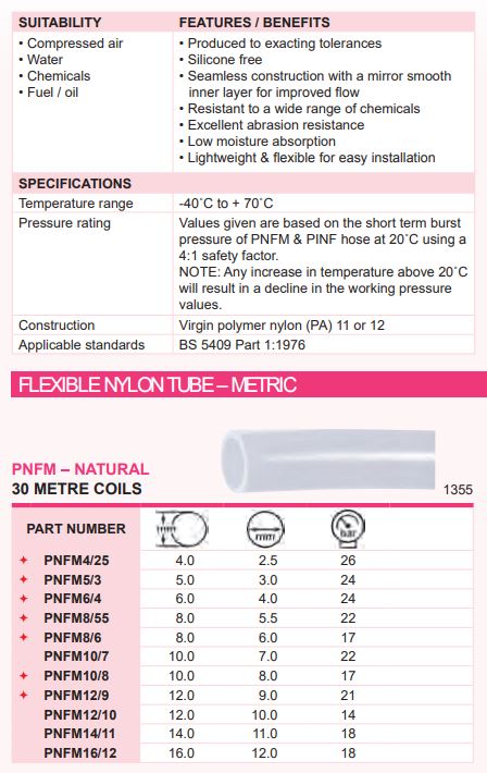 PNFM6/4 FLEXIBLE NYLON TUBING, 6mm OD x 4 mm ID x 30 metres, NATURAL