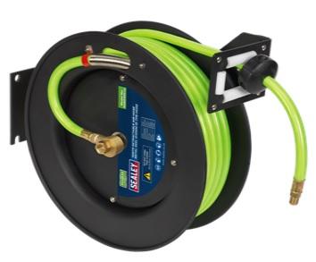 SA841HV Sealey Retractable Air Hose Metal Reel 15m Ø10mm ID High Visibility TPR Hose