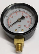 PRESSURE GAUGES 40MM, 50MM, 0-200PSI (0-14BAR) 1/8 & 1/4 BSP THREAD BACK & BOTTOM ENTRY